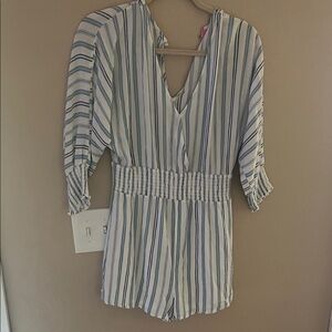 Pink Lily Striped Women's Romper - Blue and White